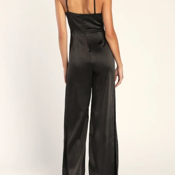 Lulu’s You're My Favorite Black Satin Slit Leg Jumpsuit - Picture 3 of 9